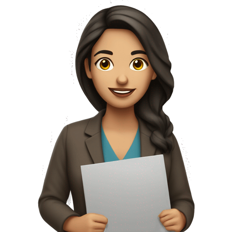 hispanic woman brunette short art teacher holding welcome sign emoji