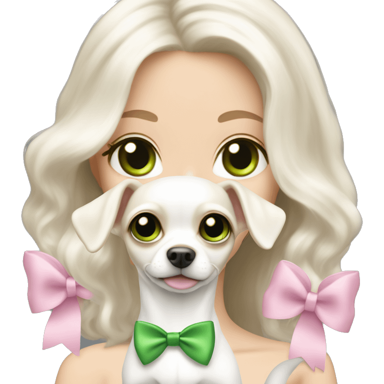 pale blond girl with wavy long platinum white hair with bright green eyes holding a white chihuahua that wearing a pink bow emoji