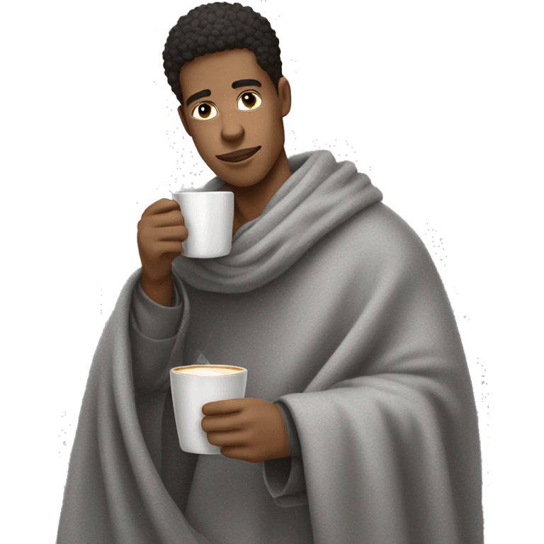 Light skin man cozy in grey blanket sipping coffee emoji