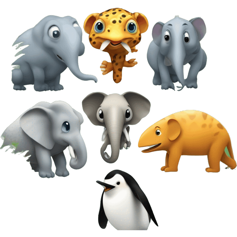 chameleon, chetah, elephant and penguin having fun in the jungle emoji