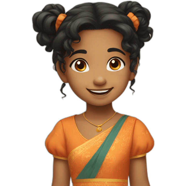 smiling and pointing 3 years old indian girl with black curly hair in pigtails wearing a orange dress emoji