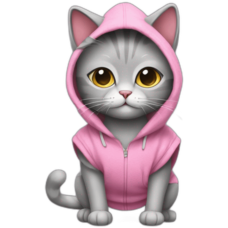 A gray plush cat. This cat is wearing a sleeveless sweater with a pink hood. He's sitting on his buttocks. Small round ears are in the hood. emoji