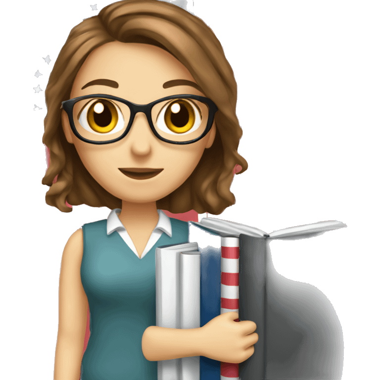 English teacher female with brown hair and brown eyes. with English and American book with usa flags emoji