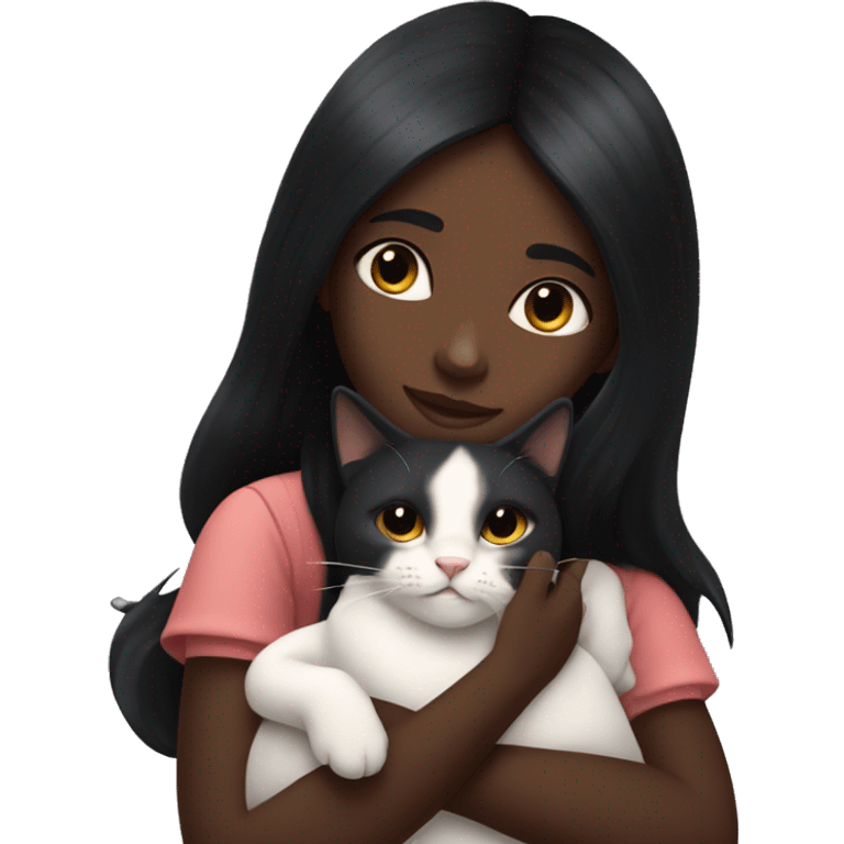 girl with very long black hair and dark skin hugging a cat  emoji