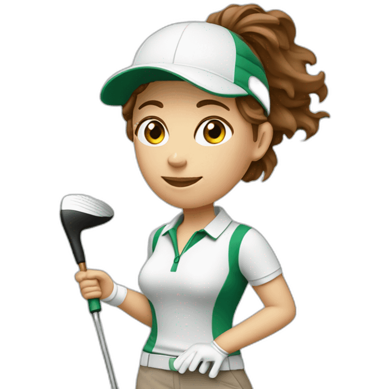 female with brown wavy hair dressed in golfwear with golf club and golf ball emoji