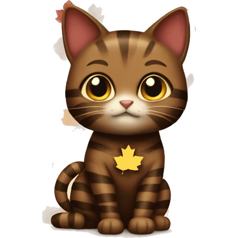 Dark Brown striped cat dressed as maple leaf emoji