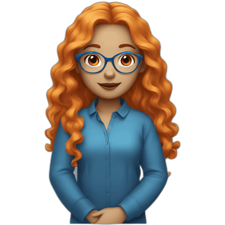 A girl with orange long wavy hair, blue glasses and a blue blousse emoji