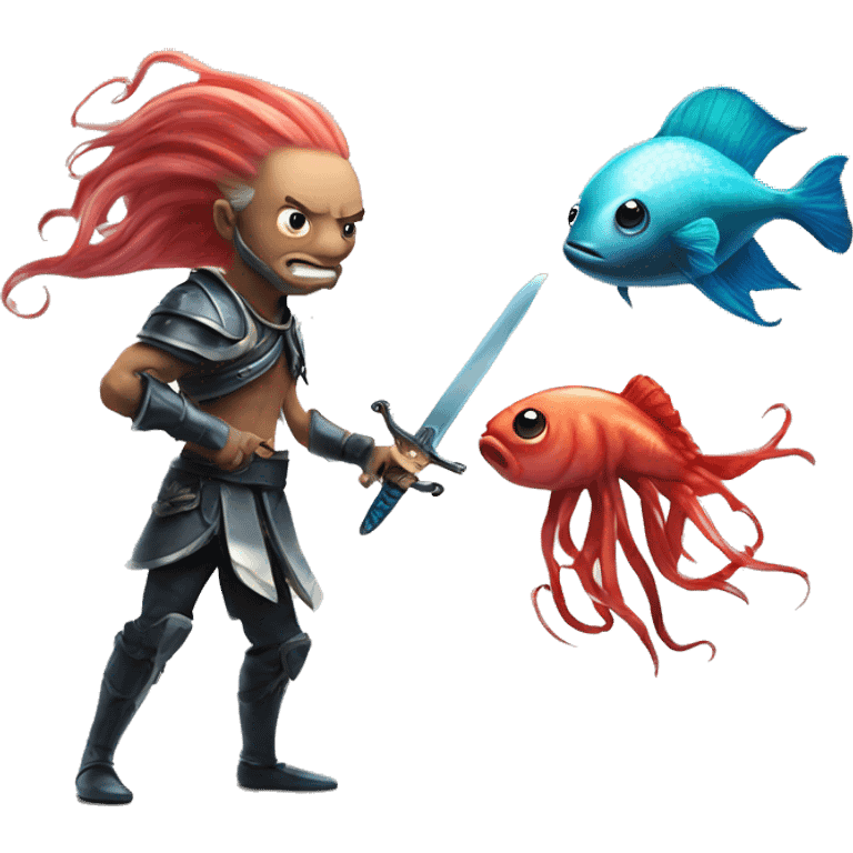 beta fish with sword fighting squid with gave emoji