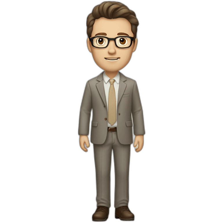 Full height Gesticulating Pale skinned fit man with dark brown hair in gray jacket, beige office shirt, brown tie, brown pants and vintage glasses. emoji