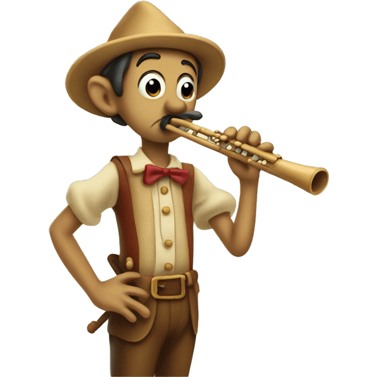 Pinocchio playing flute with his long wooden nose emoji