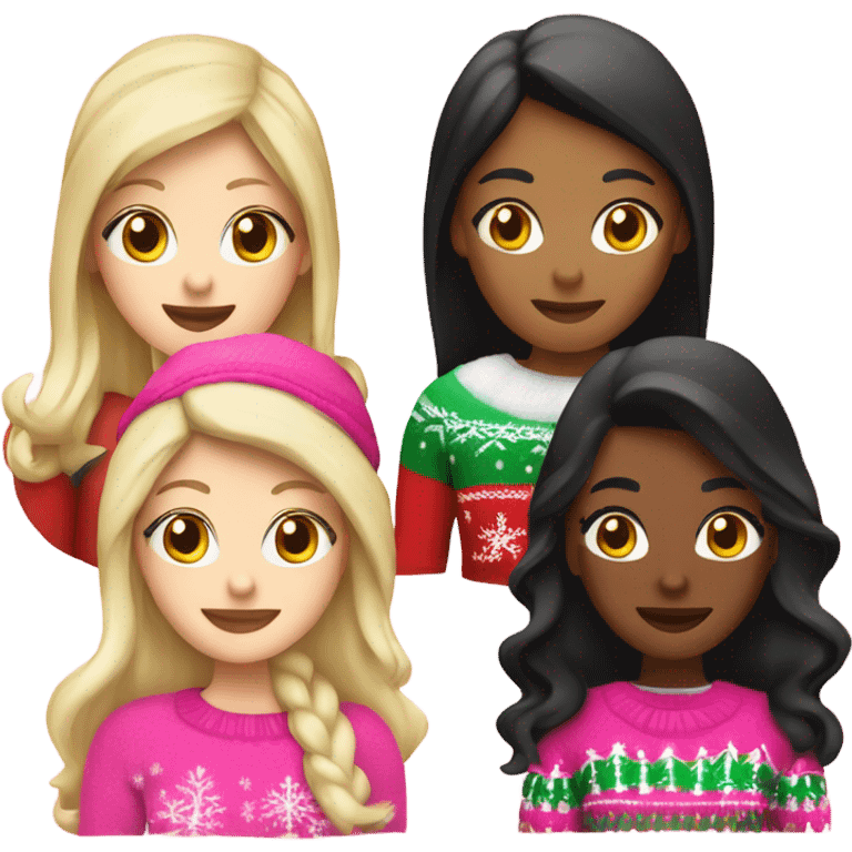 a white woman with blonde hair, a black woman with black hair, a white woman with black hair, and a Mexican woman with brown hair wearing pink Christmas sweaters and pink christmas hats emoji