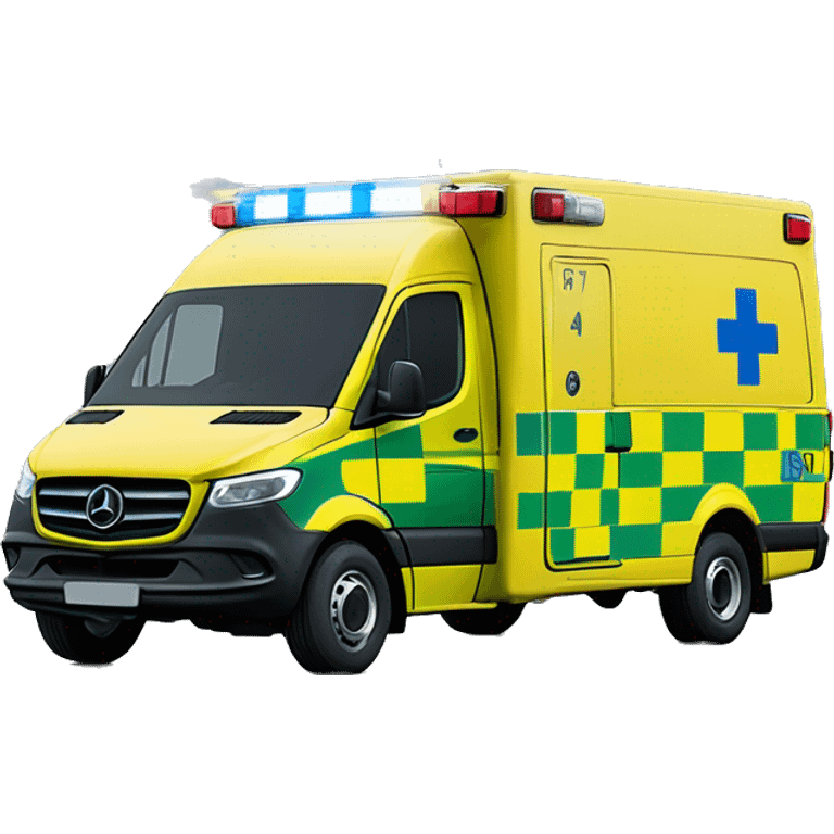 NHS Mercedez sprinter ambulance, yellow body, with green and yellow checkerboard strip along the bottom. NHS logo on the side. Blue flashing light strip on top emoji