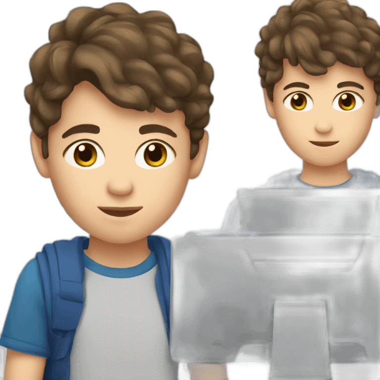 a 12-year-old boy with brown hair and gray eyes works at a PC emoji