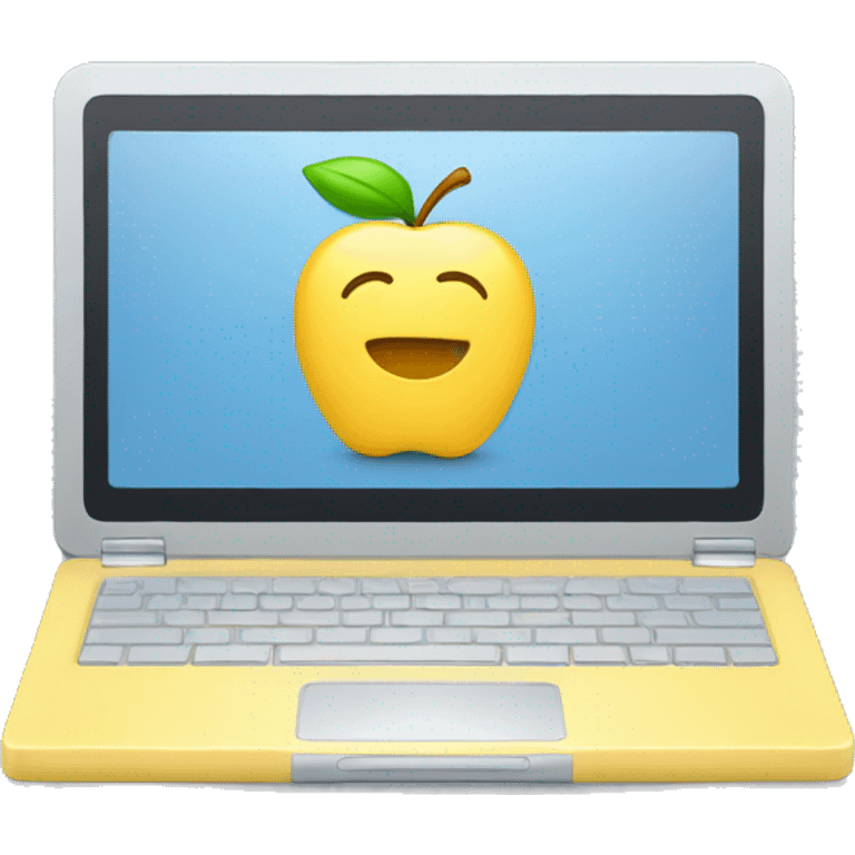 a notebook computer which shows and apple on its screen. Use pastel colors, prefering a soft yellow, a soft blue and soft gray. Be minimalistic. emoji