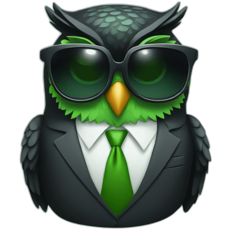 smiling black and green owl in a suit with cool sunglasses emoji