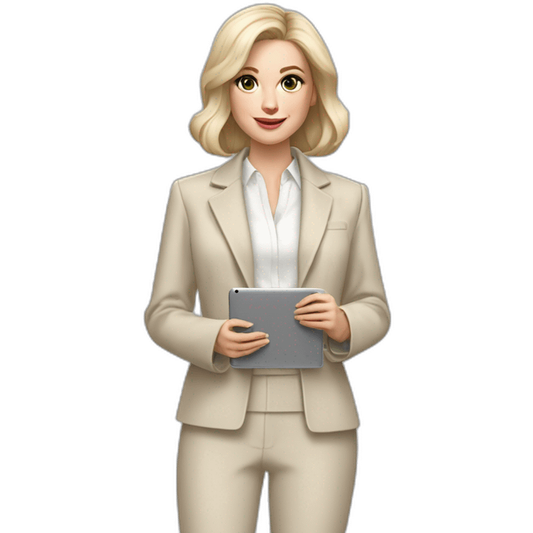 pale skin woman with ash blonde Straightened bob Hair, White Spacious classical jacket, beige palazzo Arrow pants and gray blouse holding a MacBook in the hands emoji