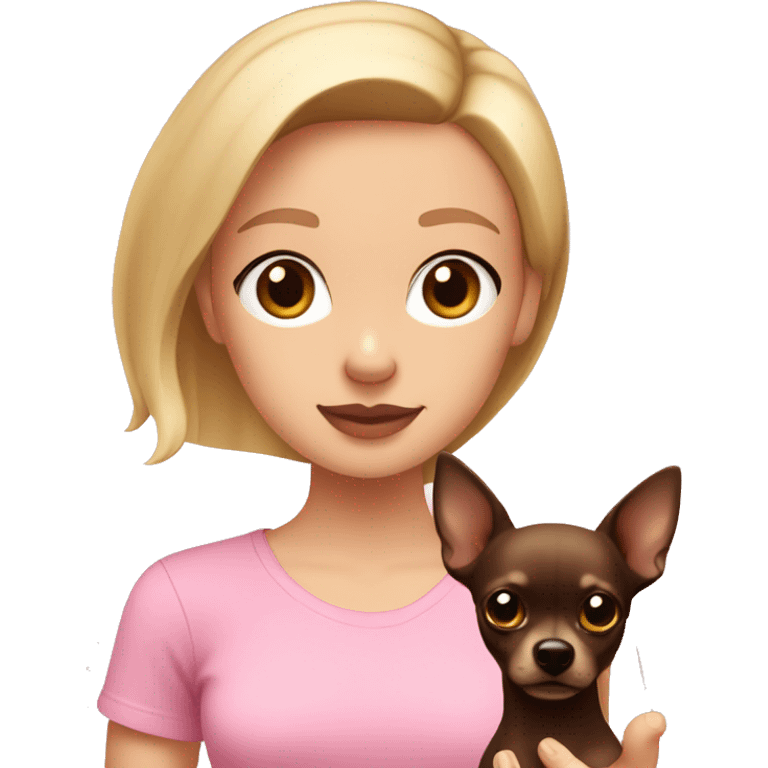 A girl with straight blonde hair with pale pink lips and brown eyes in a pink T-shirt holds a dark brown chihuahua in her hands emoji