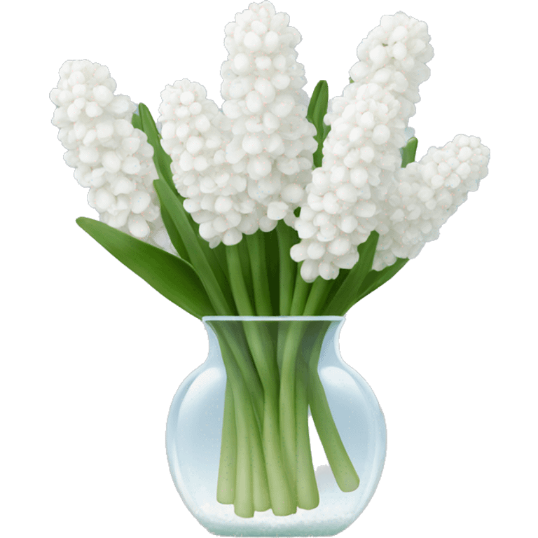 A clear vase holding a bunch of white hyacinths emoji