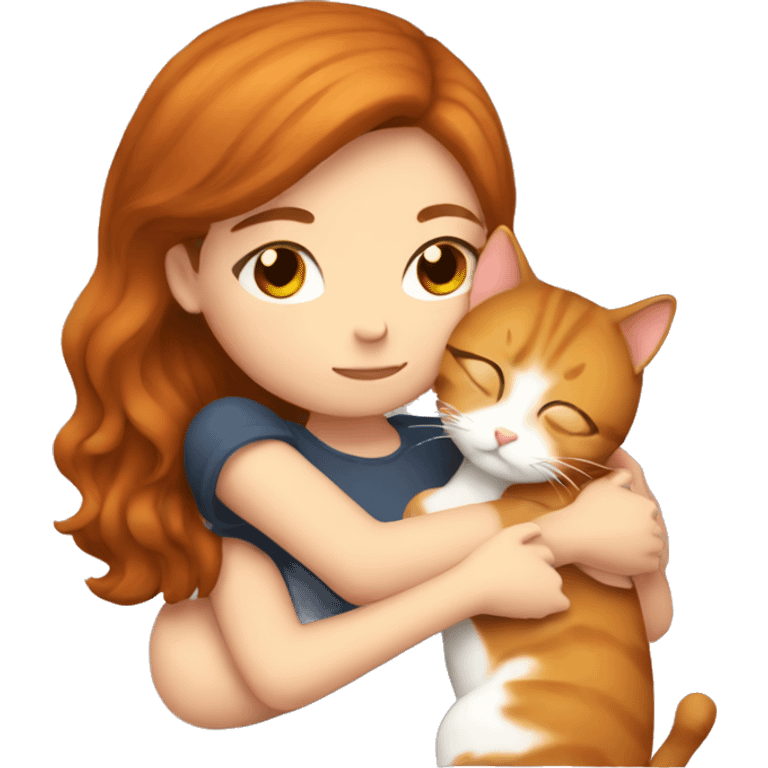 Brown haired girl hugs ginger cat emoji