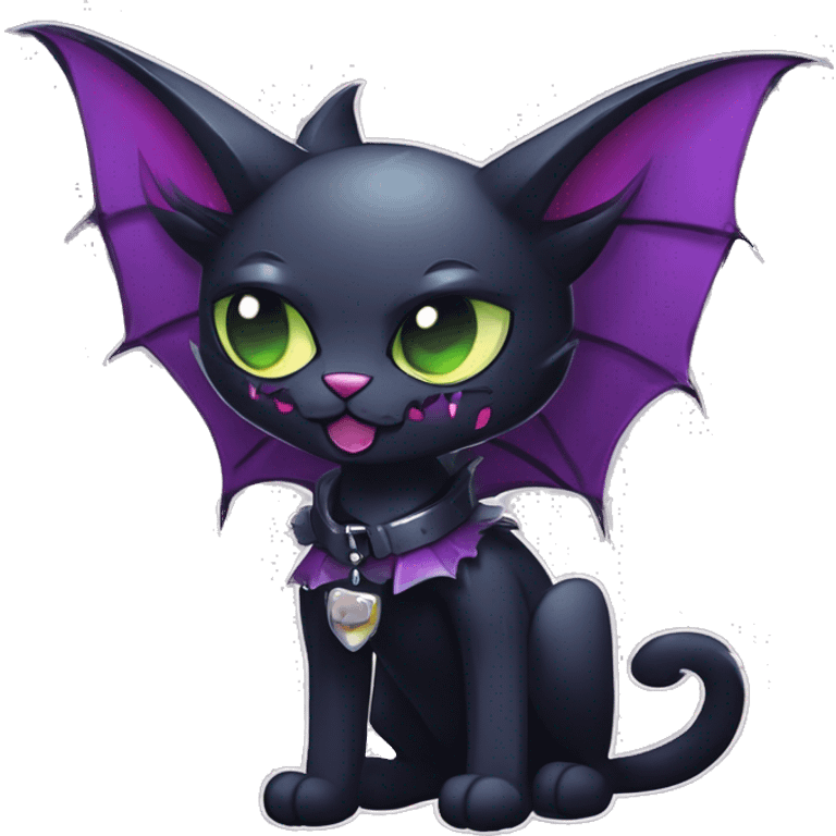  cool edgy kawaii ethereal dark-punk-themed animal vampiric cat-hybrid Fakemon with fangs and bat-wing-ears with a collar full body emoji