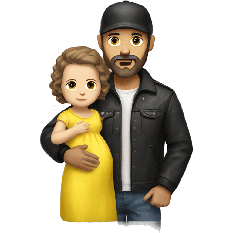 White-skinned slavic man with stubble, gray beard, brown hair, black eyes, black Reebok cap, leather jacket, holding infant slavic baby girl in yellow dress with yellow bow. emoji