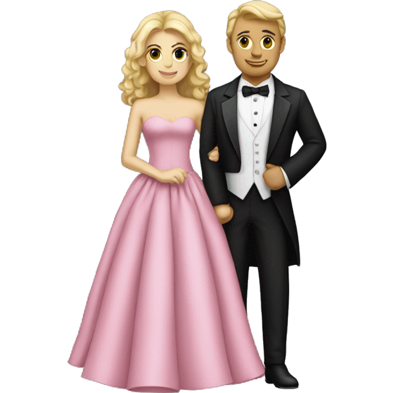 Caucasian couple in tuxedo and pink gown posing together  emoji