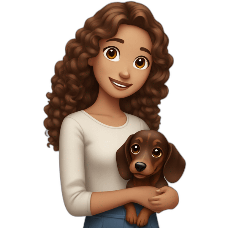 Girl long curly brown hair smiling and brown eyes with long eyelashes and holding a dachshund  in her arms emoji