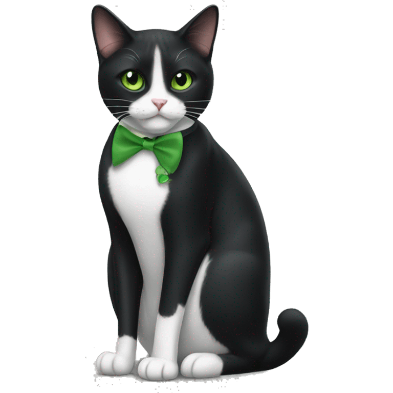 Tuxedo cat with green eyes eating a trest stick emoji