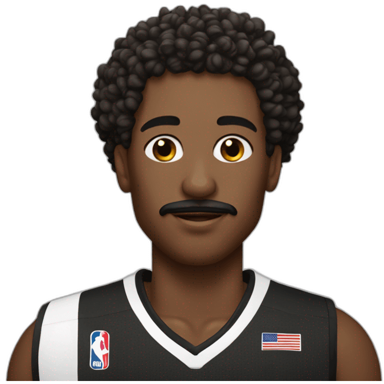 black basketball player with moustache curly hair and headband wearing black and white jersey holding the book emoji