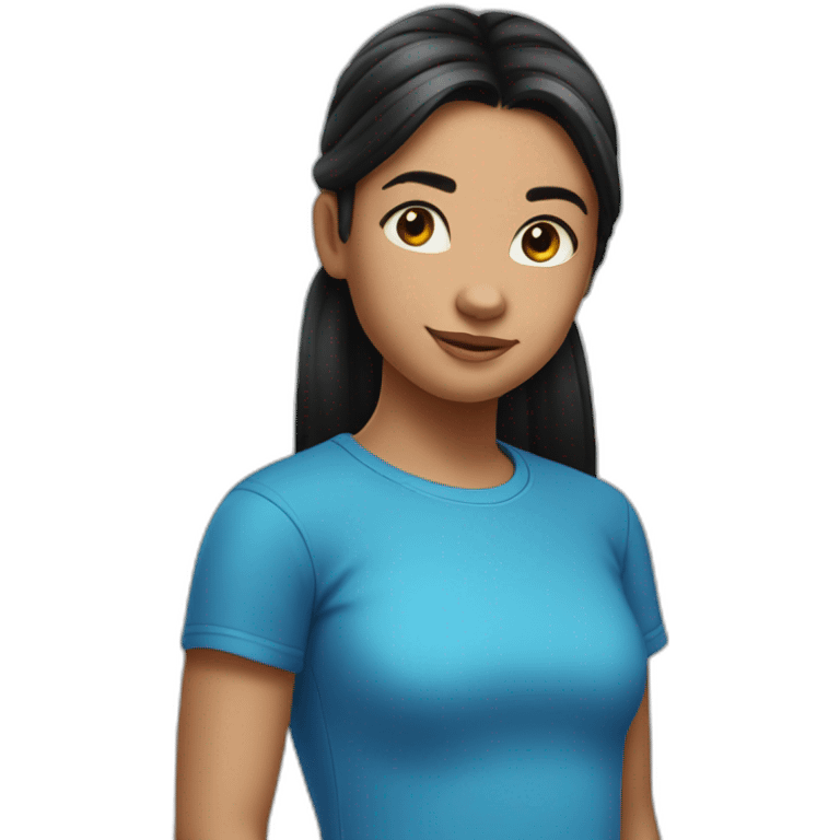 A 11 years old girl with long black hair tied back in a pony tail wearing a blue t shirt emoji