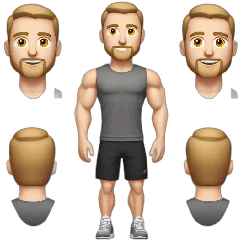 Full height Pale skinned fit man With biceps, Realistic eyes and mouth, light brown hair and stubble In dark gray sleeveless mike, black oversize sports shorts, watch and white sneakers. emoji