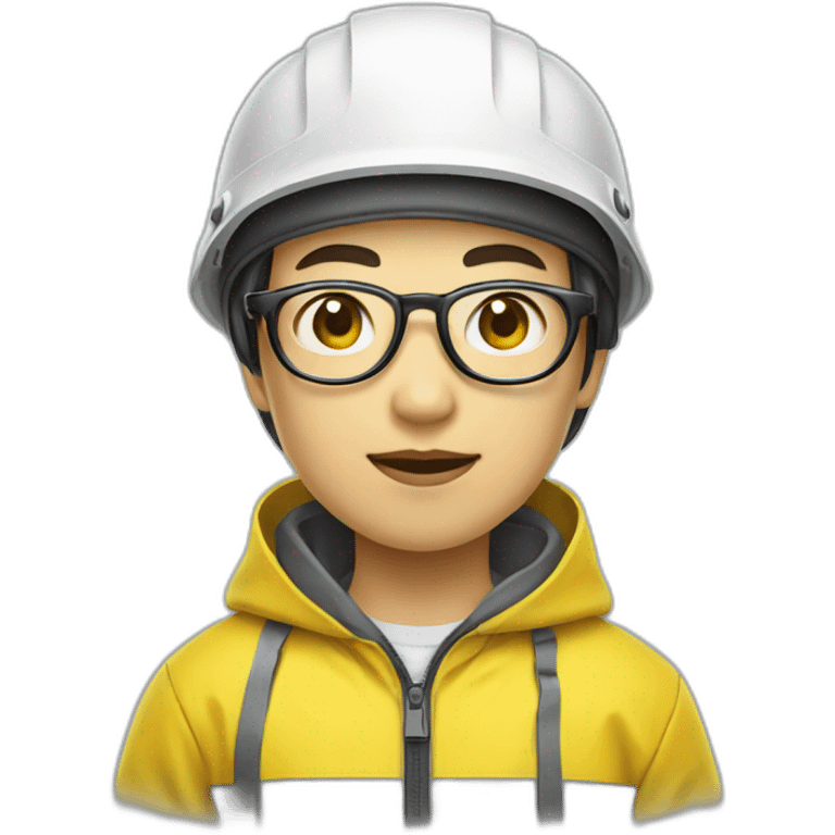 chinese boy with small eye and thick lip wearing thin metal glasses and white safety helmet and yellow rain jacket emoji