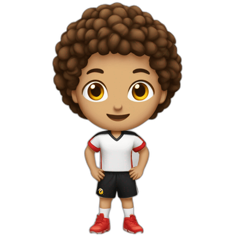 CRIANÇA BRANCA, CABELO COR CASTANHO, LISO COM CAMISA VERMELHA E CALÇÃO PRETO JOGANDO BOLA emoji