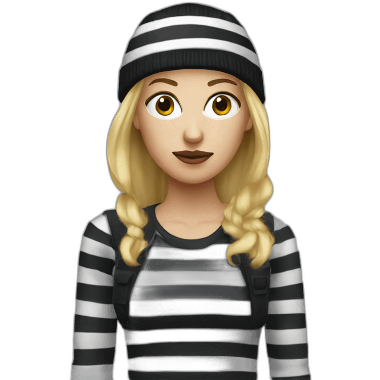 bank robber blonde woman with black beanie hat eye mask and striped shirt emoji