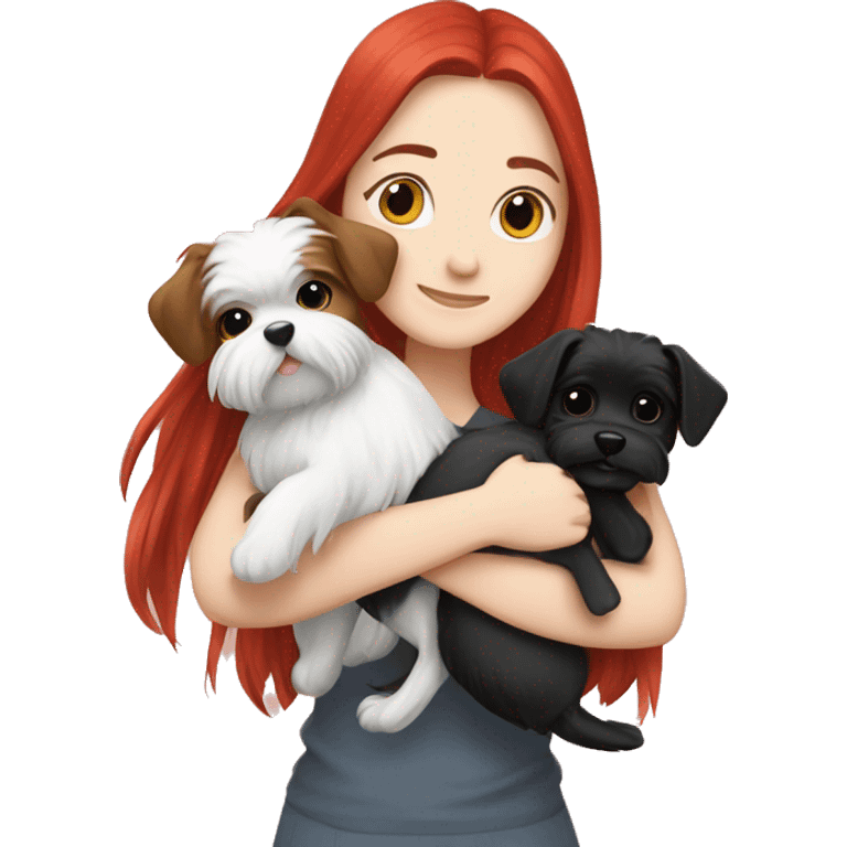 Long-red-haired-girl-hugging-her-black-and-white-Maltese-dogs emoji