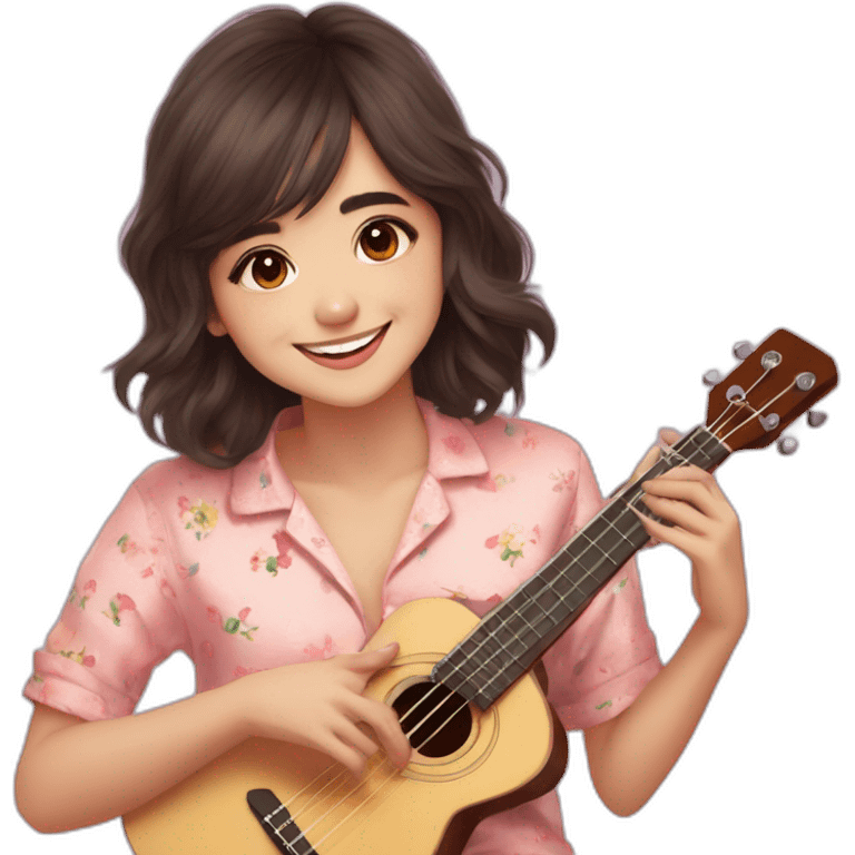 Shirley Setia long hair front looking smiling wearing pyjama playing ukulele  emoji