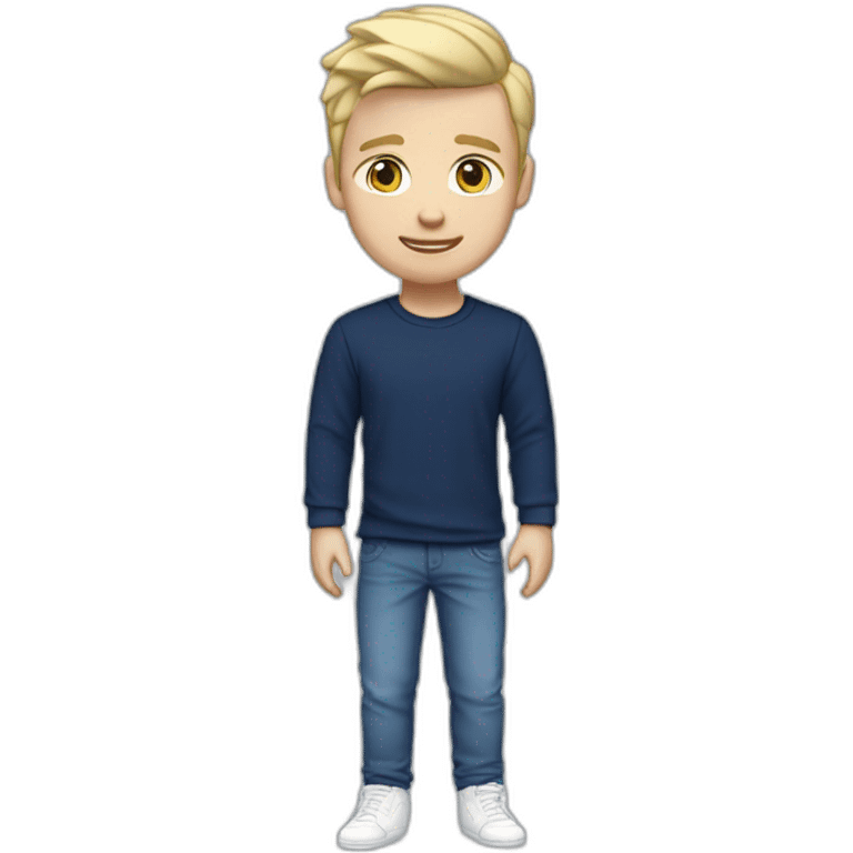 26 year old white British male with short blonde hair wearing a navy blue t-shirt, blue jeans and white sneakers emoji