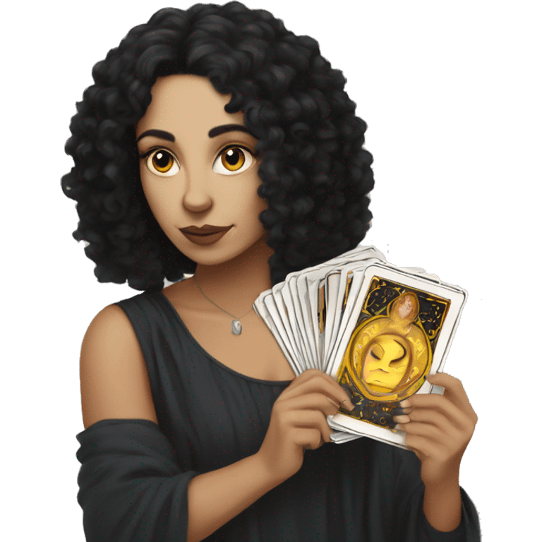 A white women with black curly hair holding tarot cards emoji