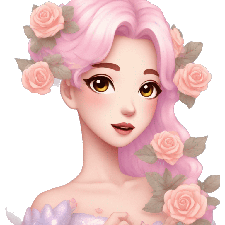 Gorgeous pastel anime style lady with blushing face and roses leaves glitter sparkle aesthetic trending style emoji