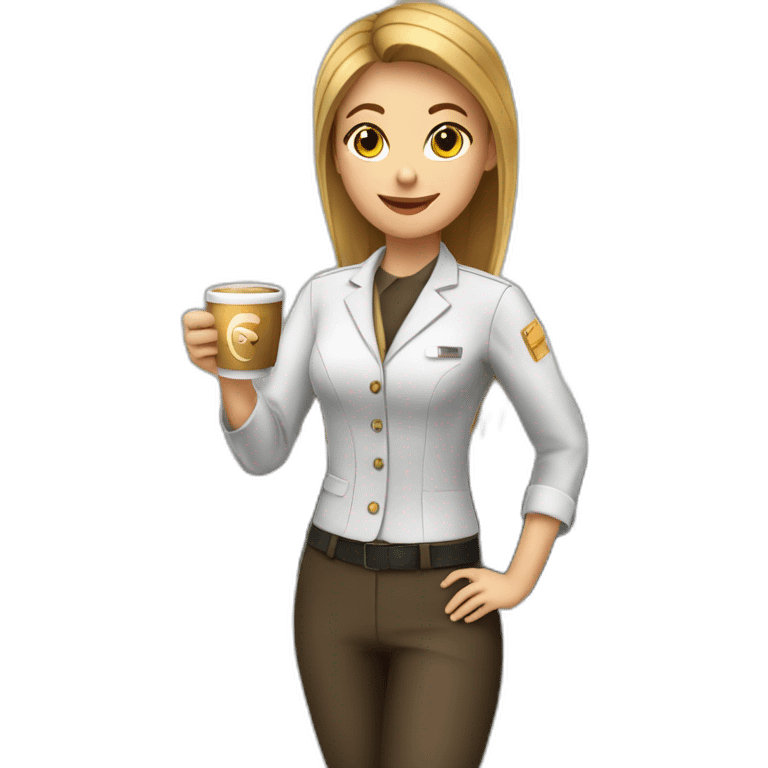 Female barista wear uniform and stand near coffee shop with cup of coffee and a cigarette emoji