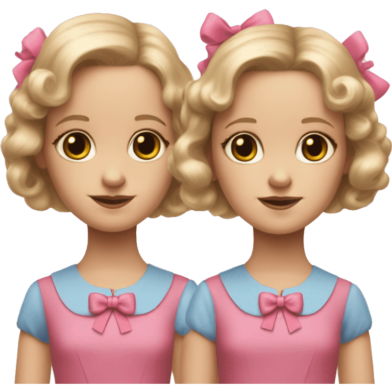 twins from the film, the shining. blonde hair with pink bows, blue dresses with pink trim emoji