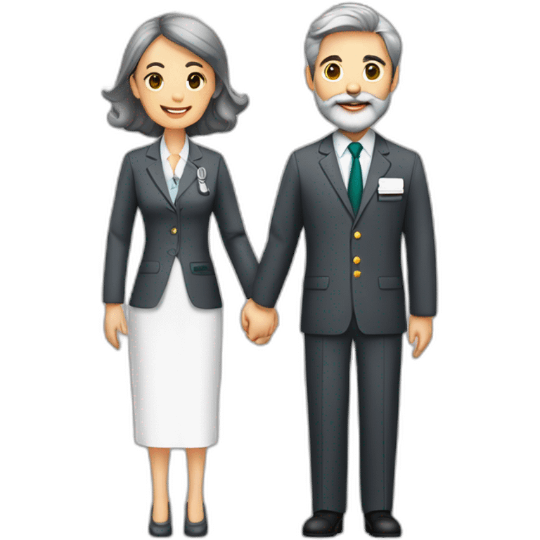 husband classy caucasian 55 dark gray hair trimmed beard executive suit holding bible, with wife asian age 55 dark hair nurse uniform, no children emoji