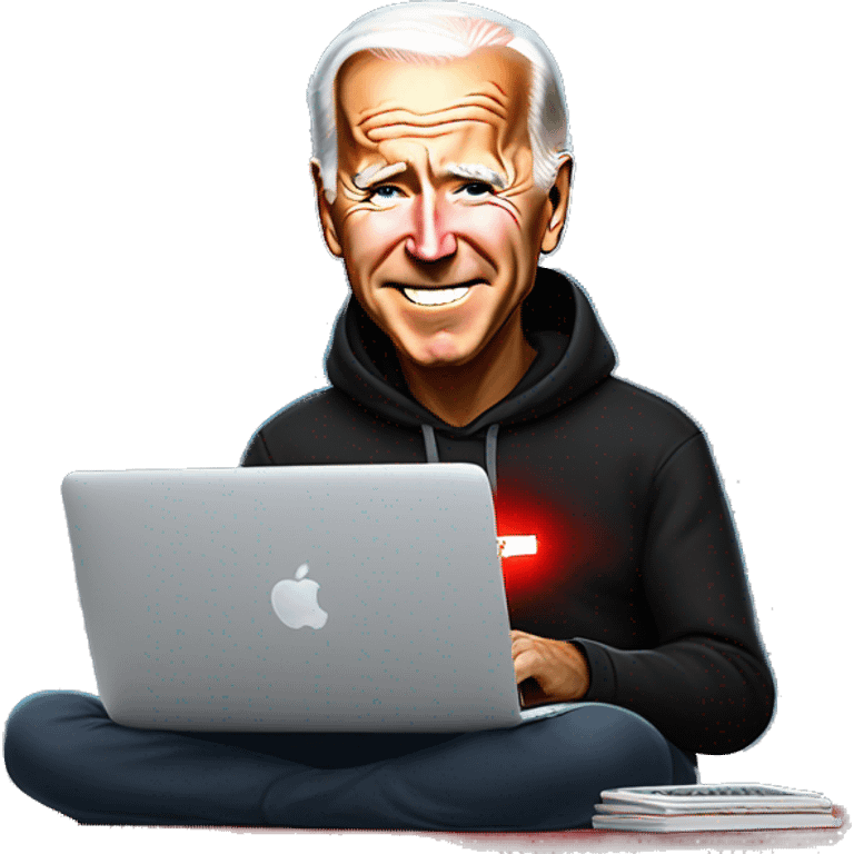 joe biden in a black hoodie with bright red glowing laser eyes typing on a macbook, joe biden, black hoodie, bright red glowing eyes, typing on macbook, joe biden emoji