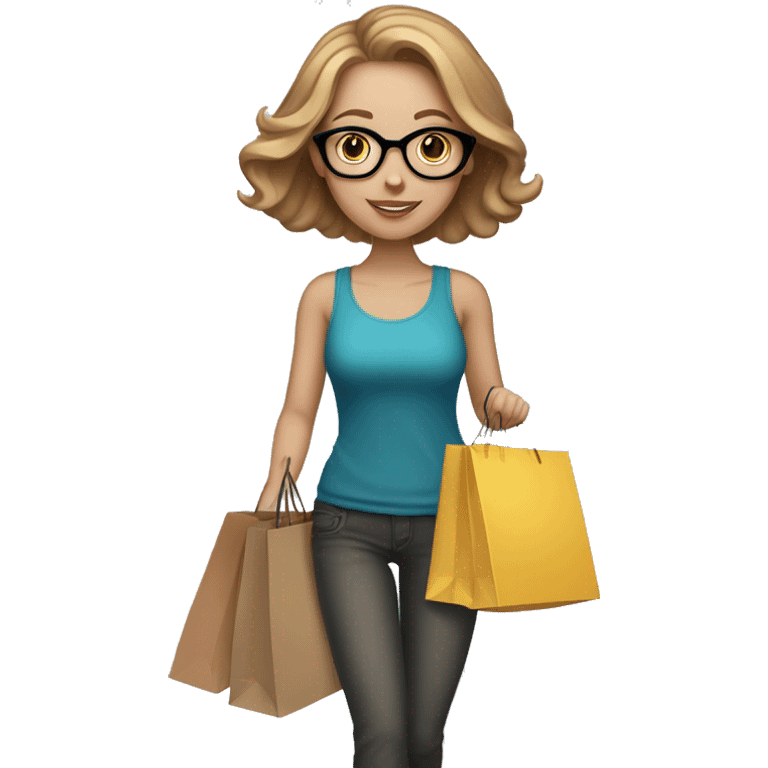 white girl with light brown hair and glasses. she has shopping bags in her hand. emoji