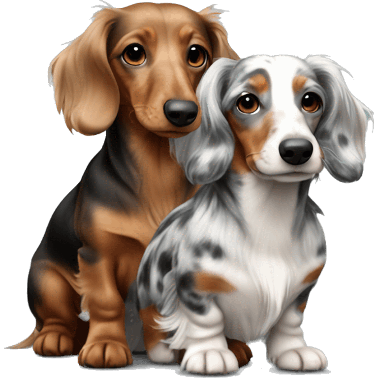 Two Tri Merle long haired Dachshunds together emoji