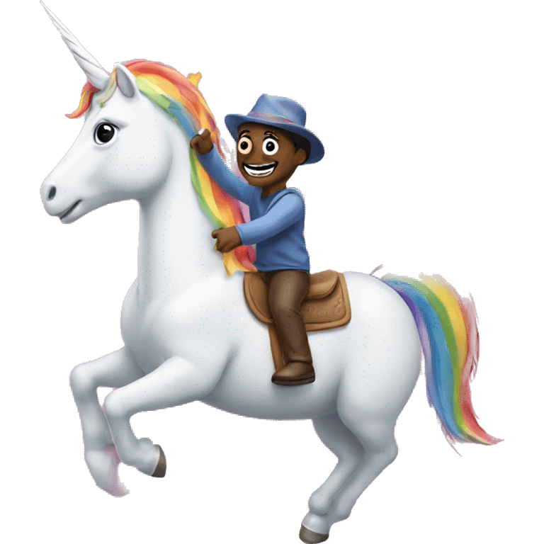 Puppet riding unicorn over rainbow emoji