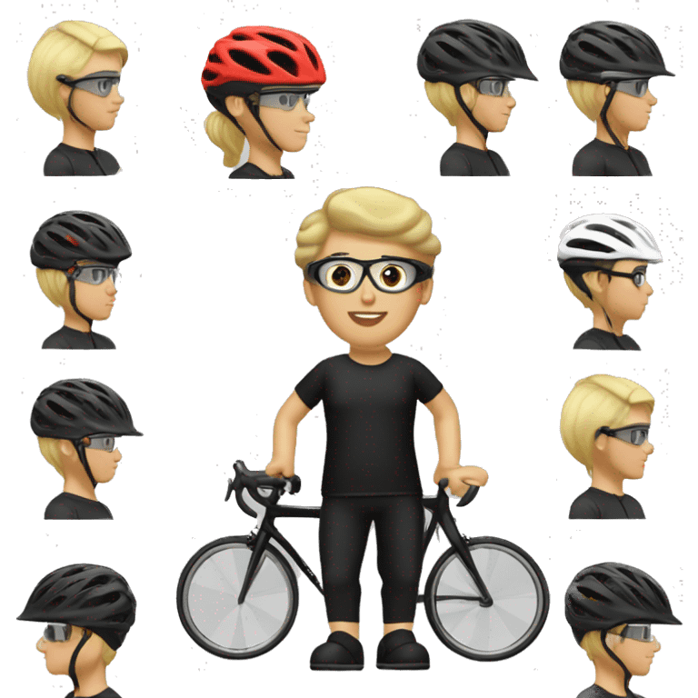 Cyclist woman blond, black shirt , olive short, red socks, black bike , transparent glasses, black helmet  emoji