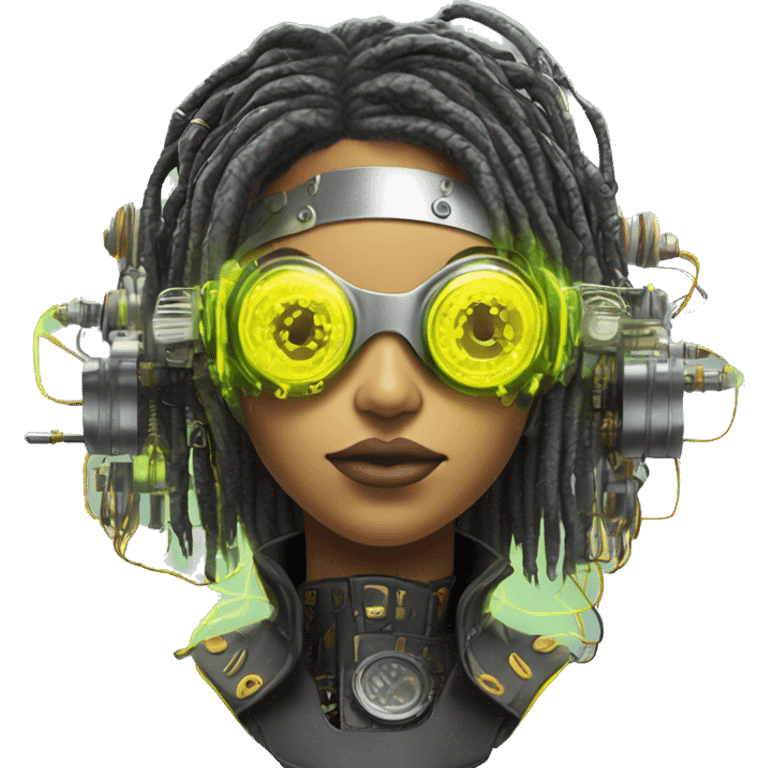 Neon yellow bobbed hair Latina female cyborg head with silver steampunk goggles and circuits emoji