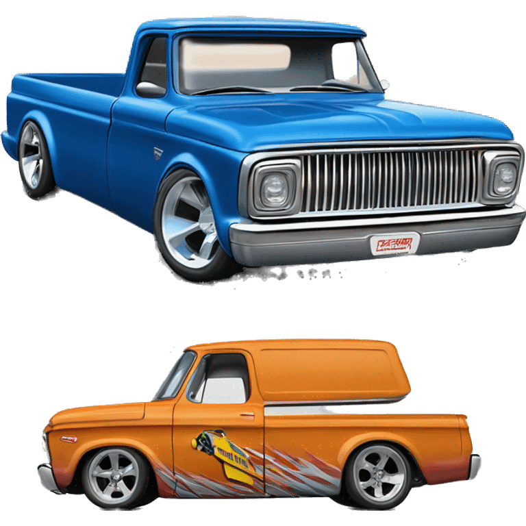 Side shot, Hot wheels, Hot rod, large panel truck, 1964 with exposed chrome exhaust pipes, blue, large wheels in back small front wheels  emoji