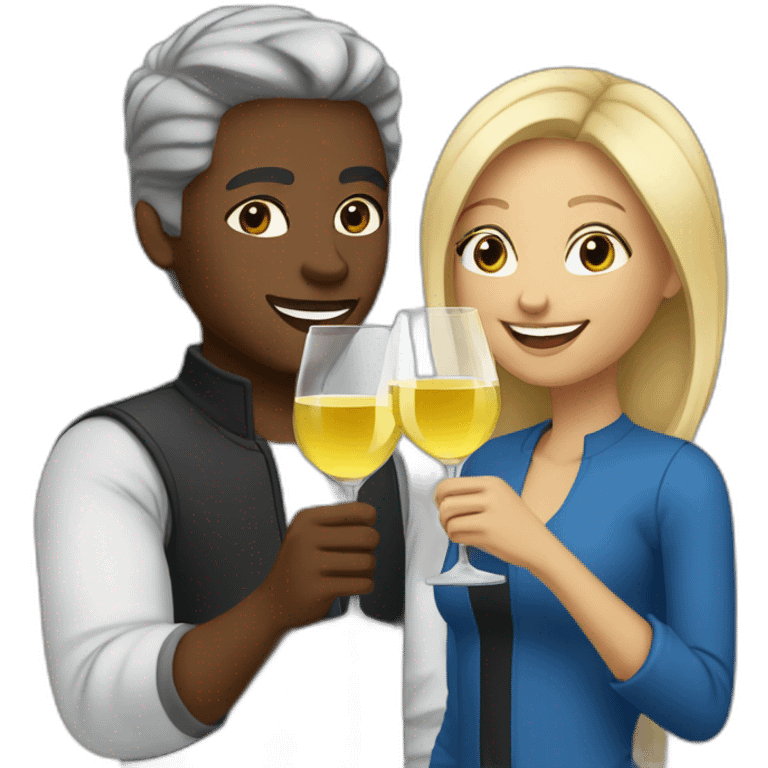 A black female with brown eyes and blond medium long hair and a black male with blue eyes and grey hair, they toast to each other with a glass of white wine. emoji